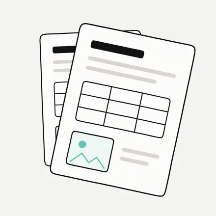 Two overlapping document pages, the front one holding a table and an inserted photo